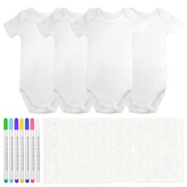 KASURE 4-Piece Set of Bibs for Painting, Baby Romper for Baby Party Games, 7 Water Soluble Fabric Pens and 16 Drawing Templates for Use as Bibs Painting Baby Shower, White