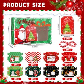 Zhanmai 64 Pcs Large Christmas Cookie Boxes with Window 8.6 x 6 x 2.7 Inch Holiday Bakery Boxes Christmas Treat Boxes Xmas Pastry Boxes with Ribbon DIY Gift Tag for Party Favor Gift Giving(Classic)
