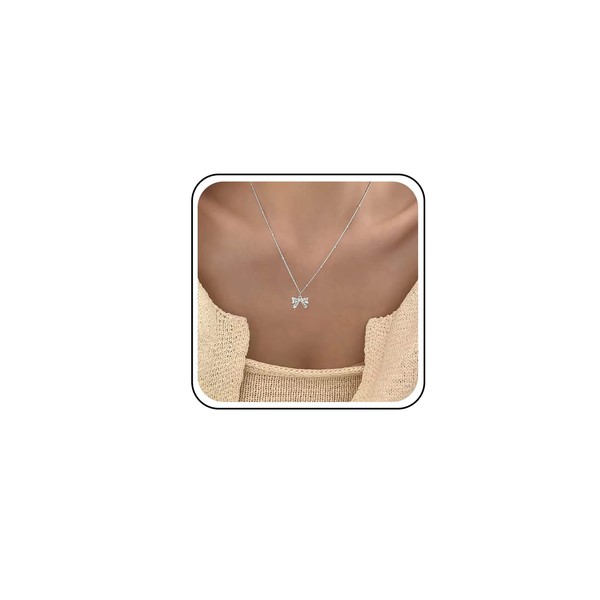 TseenYi Bow Pendant Necklace Silver Bow Knot Pendant Necklace Small