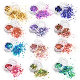 ALIIP Chunky Glitter, 12 Colors Luminous Festival Glitter with Gel, Face Glitters, Nail GlitterPowder, Holographic Cosmetic Glitters for Face Body Eye Hair Nail and DIY Art #01