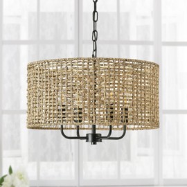 Giutna Rattan Wicker Drum Chandeliers for Dining Room, 4-Light Bohemian Hand-Woven Farmhouse Drum Pendant Chandelier Light Fixture for Entryway Living Room Kitchen Stairway Bedroom Hallway
