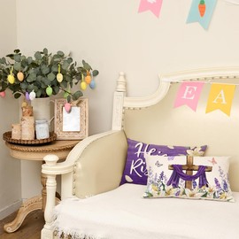 GEEORY Happy Easter He is Risen Throw Pillow Covers 12x20 Inch Set of 4, Cross Flower Wreath Blessed Spring Decorative Farmhouse Holiday Cushion Case for Home Decoration (Purple) G680-12