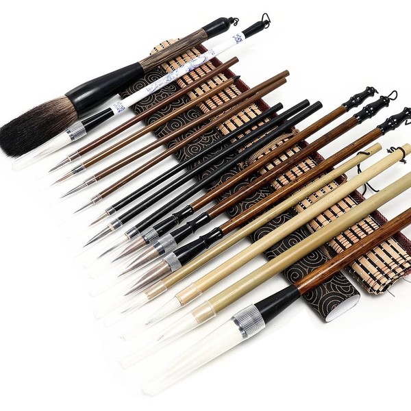 18Pcs Chinese Calligraphy Brushes Set with Writing Paper Roll-Up Brush
