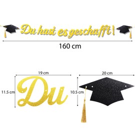 BETESSIN Graduation Decoration Glitter Gold - Du hast es geschafft - Garland with Graduate Hat Motif - Graduation Decorative Banner Paper - Hanging Decoration for Graduation, Bachelor and Master