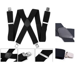 Breveltion Mens Braces Suspenders Black Extended 50mm Adult Men's 4-clip X-strap