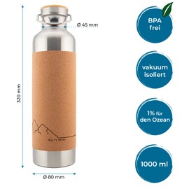 Salty Mind Sustainable, Insulated Stainless Steel Water Bottle, 1000 ml, Thermal Water Bottle, Leak-Proof, Non-Toxic, Tasteless, BPA-Free, Cork, Carry Handle for Hiking, Office, Outdoor (Mountains)