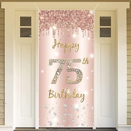 75th Birthday Decoration for Women, Happy 75th Birthday Backdrop Banner Rosegold Fabric Sign Poster, Woman 75th Birthday Door Banner Party Welcome Sign