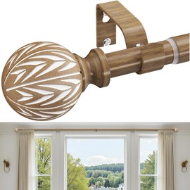 KVEEO Wood Curtain Rod 18 to 45 Inch Adjustable Curtain Rods for Windows Heavy Duty Wood Grain Curtain Rod Decorative Boho Drapery Rods for Living Room Bedroom Kitchen Farmhouse