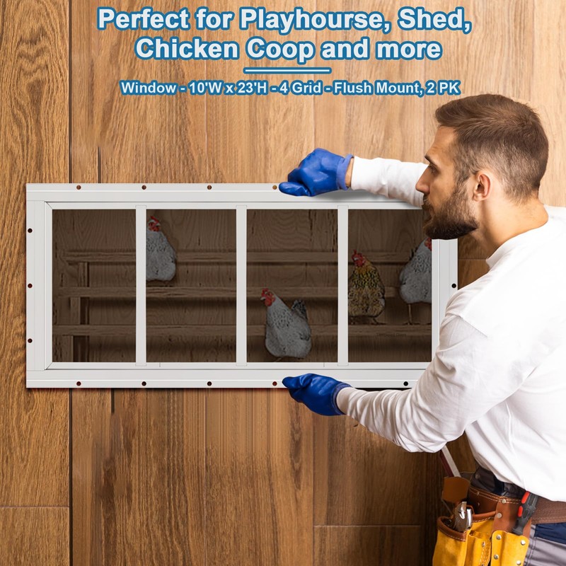 2 Pack Shed Window 10" W x23 H, White Flush