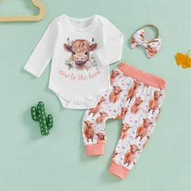 Geogenry Newborn Baby Girl Clothes InfantCattle Print Long Sleeve Romper Highland Cow Pants Headband Set 3pcs Fall Outfits (White, 6-12 Months)
