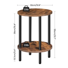 CHOEZON Round Side Table, 2-Tier End Table, Small Round Nightstand with Sturdy Metal Tube, Industrial Circular Coffee Table, for Living Room, Bedroom, Rustic Brown and Black TBZ01BF