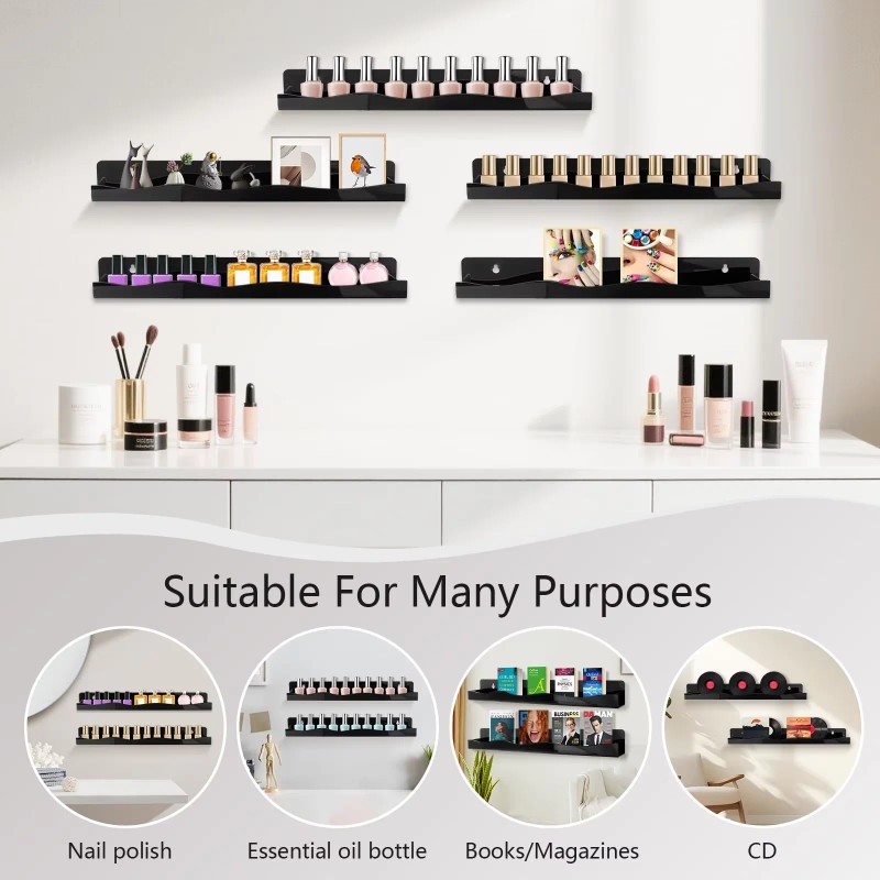 Black Acrylic Nail Polish Shelves 15 Inch Wall Mounted Nail