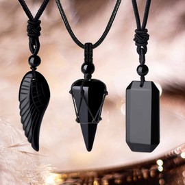 DUQGUHO 3 Pcs Black Obsidan Crystal Necklaces Set Natural Healing Crystal Stones Black Rope Adjustable Reiki Spiritual Gemstone Pendant Crystal Jewelry for Men