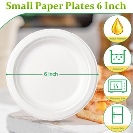 Greconv 300 Pack Small Compostable Paper Plates, 6 inch, Made from Sugarcane Fibers, Recycled, White
