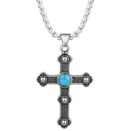Flongo Men's Necklace Cross with Blue Turquoise Stainless Steel Unique Fashion Cross Pendant Silver Necklace, Stainless Steel, Turquoise