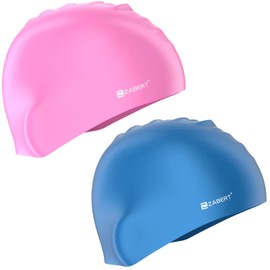 ZABERT 2 Pack Kids Swim Cap Hat,Swimming Caps Hats for Girls Boys Kids Toddler Baby Long Hair Braids - Silicone Waterproof Blue Pink