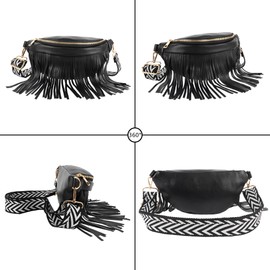 MilyaDE PU Leather Waist Bag Golden Fringe Rivets Bum Bag Shoulder Bag Shoulder Bag with Waist Belt, B-black, Unit size