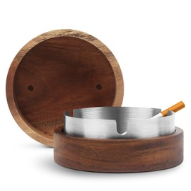 Ashtray for Outdoor Use, Ashtray with Lid and Stainless Steel Insert, Odour-Proof, Made of Wood, Balcony Ashtray, Windproof, Ashtray for Home, Office