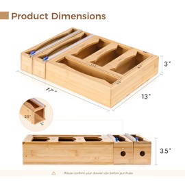 6 in 1 Storage Bag Organizer Kitchen Drawer, Bamboo Foil and Plastic Wrap Dispenser with Slider Cutter, Kitchen Bag Organizer for Quart, Gallon, Sandwich and Snack Bags