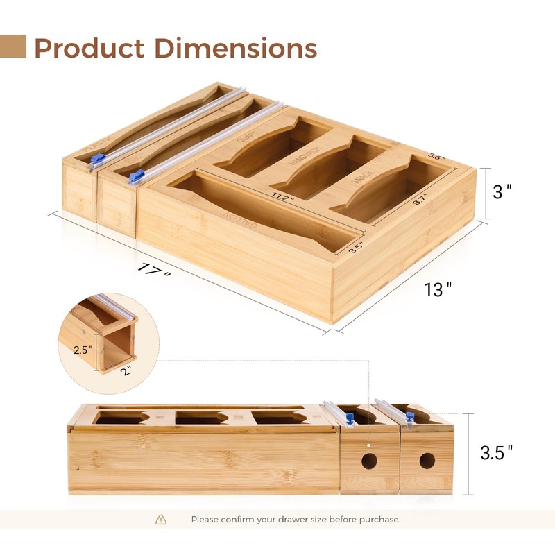 6 in 1 Storage Bag Organizer Kitchen Drawer, Bamboo Foil