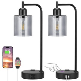 Innqoo Industrial Touch Bedroom Lamps for Bedrooms Set of 2-3-Way Dimmable Table Lamps with USB C+A Ports and Outlet, Bedside Lamps with Gray Glass Shade for Living Room, Desk Lamps for Home Office