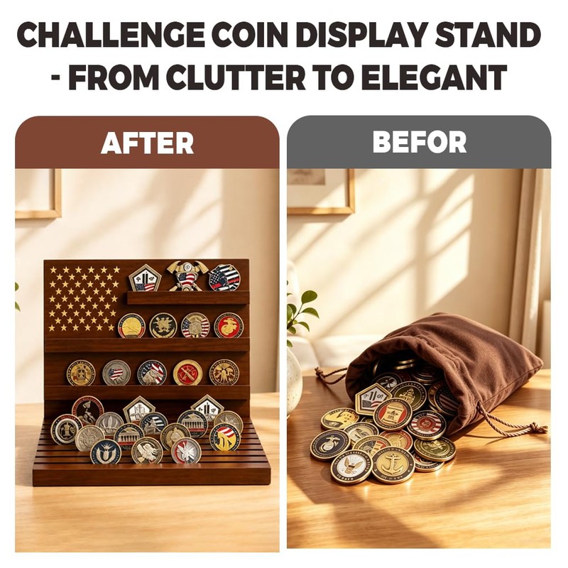 Challenge Coin Display, Solid Wood Military Holder Up to 80