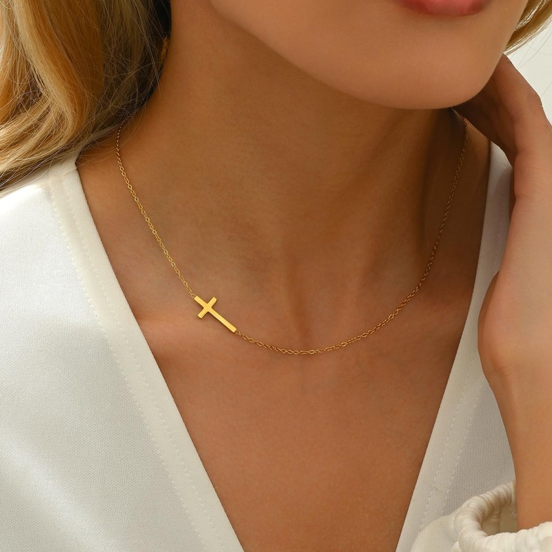 foyjoey 18K Gold Plated Sideways Cross Necklace for Women Stainless