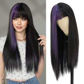 7JHH WIGS Long Straight Purple Highlight Wig with Bangs 27in Natural Heat Resistant Fiber Synthetic Half Black Half Purple Layered Wigs for Women Girls Holiday Chrismas Daily Party Used