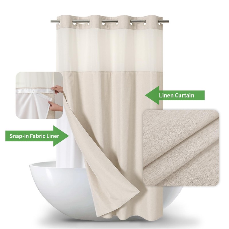 eachope Stall No Hooks Needed Linen Textured Shower Curtain with