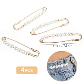 4Pcs Pearl Brooch Pins Decorative Pins for Clothing Pearl Safety Pin Fashion Faux Pearl Brooch Pins Heavy Duty Safety Pins with Pearl Embellishment for Girls Pants Extender Safety Pins (Gold)