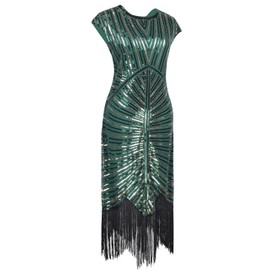 Women 1920s Vintage Flapper Fringe Beaded Gatsby Party Mardi-Gras Dress with 20s Accessories Set (Gold Green, XX-Large)