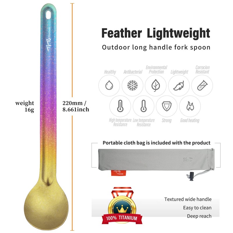 TiTo Titanium Spork Longhandle Outdoor Travel Spoon Fork Portable Flatware