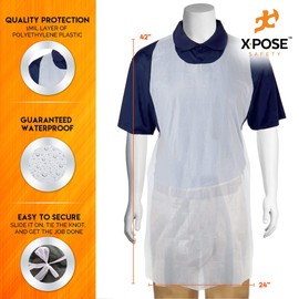 Xpose Safety 100 White Plastic Disposable Aprons for Cooking & more Individually Packaged, Durable 1 Mil Waterproof Polyethylene 24" x 48"