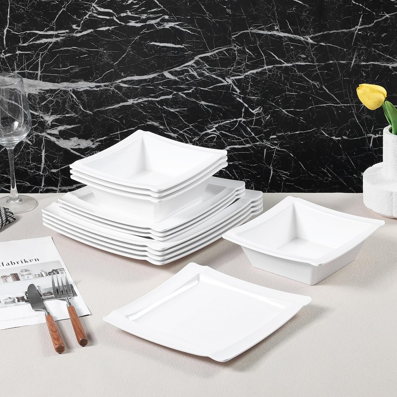 Yummost Square Melamine Dinnerware Sets of 12 Pcs,Square Plates and