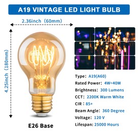 Wesome Lighting Warm LED Edison Light Bulbs, A19 4W Dimmable Vintage Edison Bulbs, Equivalent 40 Watt Incandescent Bulbs, Warm White 2200K, Amber Old Fashioned LED Bulbs, E26 Base - 4 Pack
