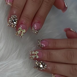 Jremg Leopard Print French Tip Press on Nails Short Square Fake Nails with Rhinestones Designs 3D Gold Bow Charms False Nails Reusable Glossy Nude Pink Glue on Nails for Women 24Pcs