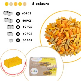 Q-BRICKS Building Blocks Box, 300 Basic Building Blocks in 5 Shapes, Packed in a Reusable Box, 100% Compatible, Made in the EU (Yellow Mix)