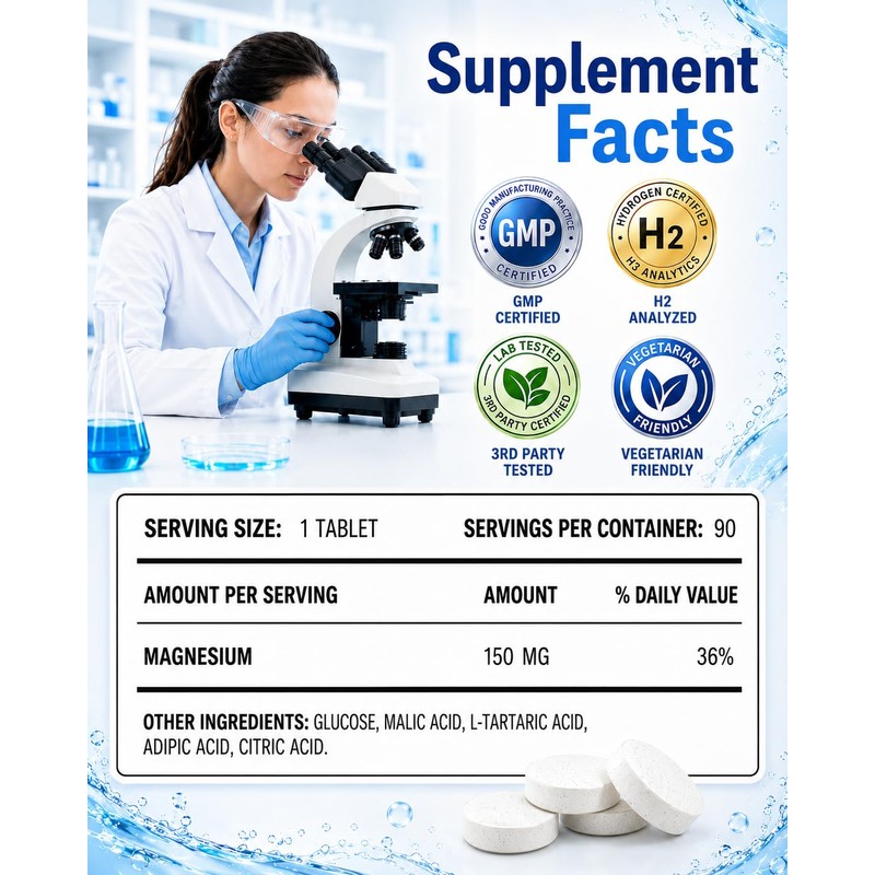150MG Magnesium H2 Hydrogen Water Tablets, 90 Count
