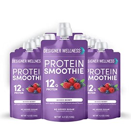 Designer Wellness Protein Smoothie, Real Fruit, 12g Protein, Low Carb, Zero Added Sugar, Gluten-Free, Non-GMO, No Artificial Colors or Flavors, Mixed Berry, 12 Count