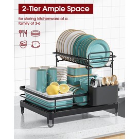 Sakugi Dish Drying Rack - X-Large Stainless Steel Dish Rack for Kitchen Counter, 2-Tier Kitchen Organizers and Storage for Dishes, Bowls, Cutlery, Black