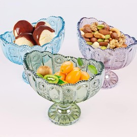 EHERDM Crystal Glass Boat-Shaped Bowl with Pedestal Vintage Embossed Dessert Bowl Transparent Ship Serving Bowl for Fruit Snack Nut Candy Decorative Bowls for Home Kitchen Decor Small Blue