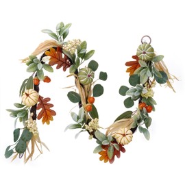 Valery Madelyn 5Feet Autumn Garland with Pumpkins, Artificial Garland Decoration with White Green Pumpkin, Berry Clusters, Pine Cone and Leaves for Thanksgiving Stairs Mantle Home Halloween Decor