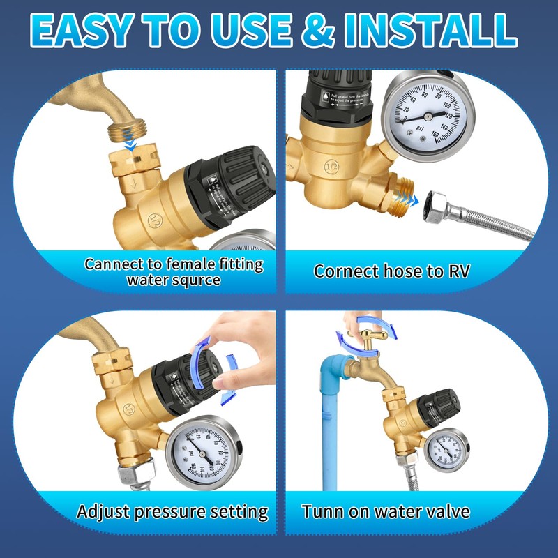 Boltigen RV Water Pressure Regulator with Gauge, Adjustable Handle Water