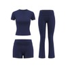 ZFLM Fashion and Casual Women's 3-Piece Set Short Sleeved High Waist Folded Shorts Bellbottom Pants Sports Set