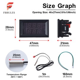 FBBULES LED Digital Thermometer with 2 Waterproof Metal Probes DC 4-28V Dual Display Temperature Meter -55～+120℃ Gauge Sensor Monitor,Red&Red