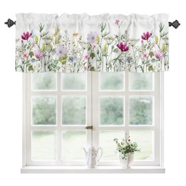 YOKOU Floral Kitchen Curtains Valances, Wildflowers Spring Watercolor Flower Plants Short Rod Pocket Valances for Windows for Bedroom, Bathroom, 1 Panel, 42" W x 12" L