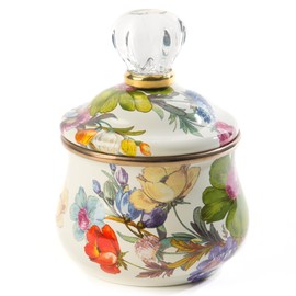 MACKENZIE-CHILDS Enamel Lidded Sugar Bowl, Small Serving Bowl with Lid, 10-Ounce Capacity, White Flower Market