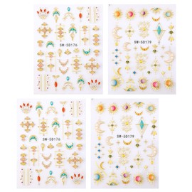 lasuroa 4St Nagelaufkleber Sonne Mond, 5D Geprägt Gold Nagelaufkleber Boho Selbstklebend Metallisch Tribal Totem Design Maniküre Kunst Abziehbilder für Frauen Mädchen DIY Dekoration