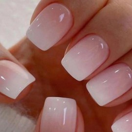 Pink Ombre Press on Nails Short Square Fake Nails with Nude White Gradient Design Glossy False Nails Reusable for Women Girls Daily Wear Manicure 24pcs