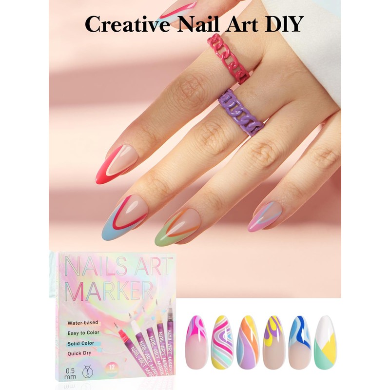 EBANKU 12 Colors 3D Nail Art Pens, Fine Tips 0.5